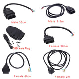 30cm/60cm/1.5m/2m 16 Pin Male / Female OBD2 II Connector Cable + OBD Male Plug Extender Opening Cable, 16pin Female Opening Wire