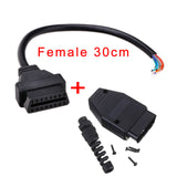 30cm/60cm/1.5m/2m 16 Pin Male / Female OBD2 II Connector Cable + OBD Male Plug Extender Opening Cable, 16pin Female Opening Wire